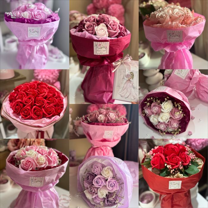 Луксозни букети от вечни сапунени рози/кутии/пликове/мече/картина