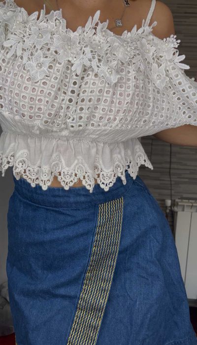 max co дънкова къса оригинална пола и бохо топ сет бял дантели и перли