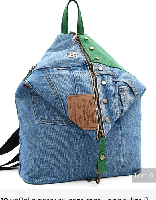 Голяма чанта раница естествена кожа и дънков плат