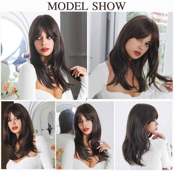 Синтетична тъмно кафява перука - 55 см с бретон и зиг-заг път