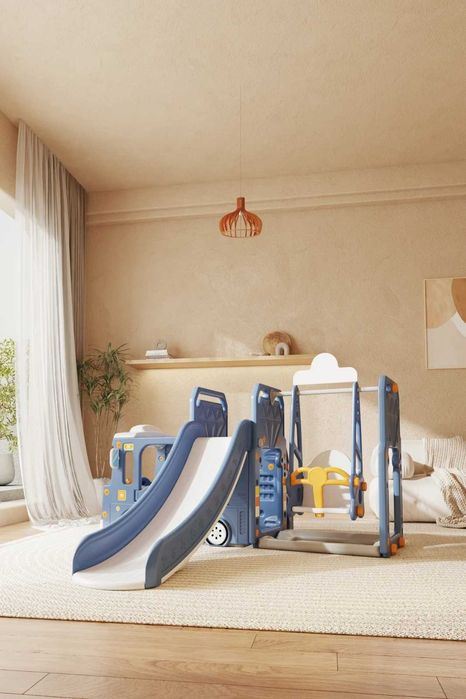 Ansamblu de joaca Kinderplay BUS, 4 in 1 cu tobogan, Blue