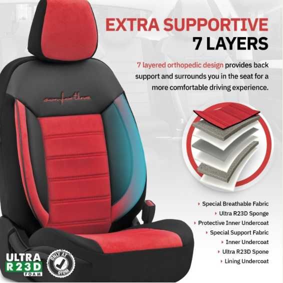 Луксозна тапицерия OTOM текстил с еко кожа COMFORT LINE Design – Червено-Черна с червен шев