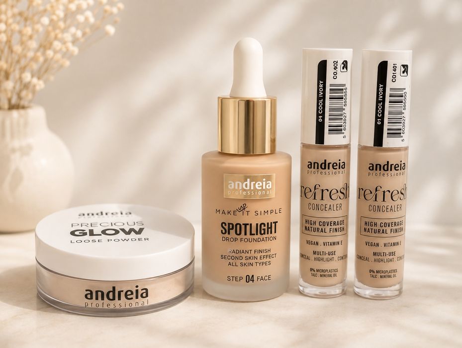 Set 2 concealer, fond de ten lichid, o pudra luminoasa