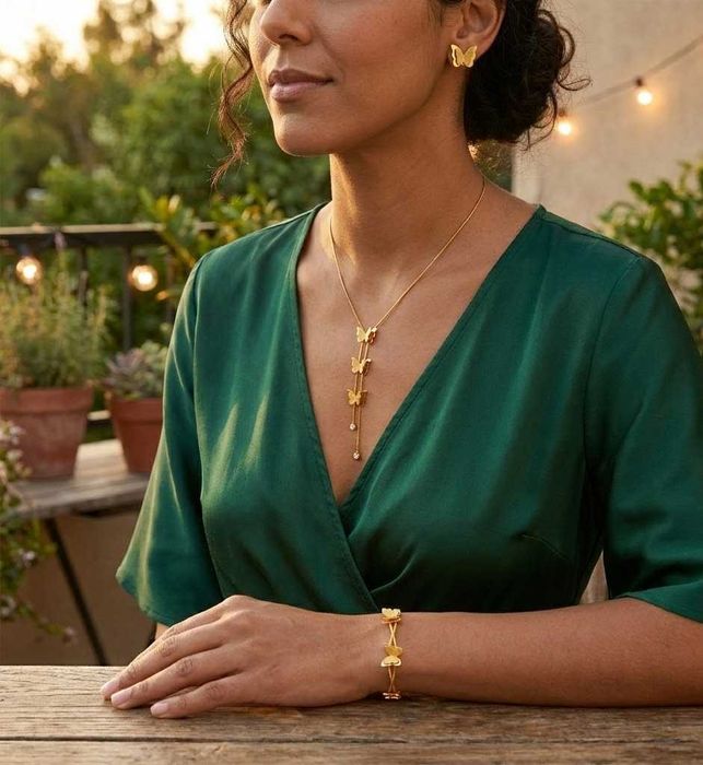 Cadou Ideal Premium Set Bratara Cercei Colier Otel Inox Placat Aur 18K