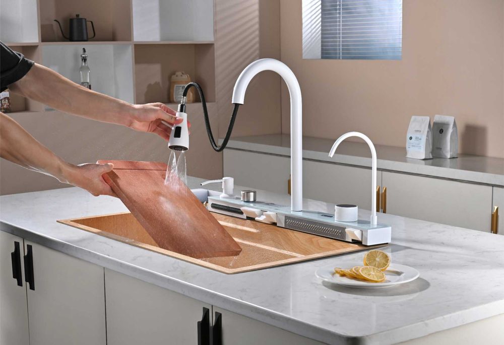 Дъб натур - Мултифункционална кухненска мивка с двоен водопад