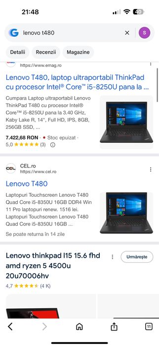 Laptop Lenovo ThinkPad T480 i5 8GB 256GB SSD FHD Bateria tine 8 ore