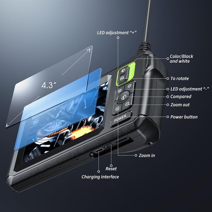 Ендоскопска камера двойна леща 4.3'' IPS екран 1080P Ендоскоп Бароскоп 1 метър кабел , ендоскоп за двигатели , тръби и други