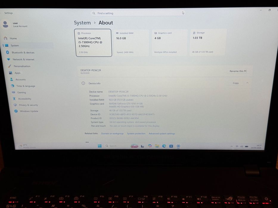 Laptop gaming ASUS ROG Strix , i5 , 16Gb DDR4 , SSD , HDD 1 Tb , GTX 1050 4Gb