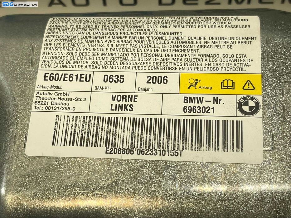 Airbag Lateral de pe Usa Portiera Stanga Fata BMW Seria 5 E60 E61 2003 - 2010 Cod 6963021 [1733]