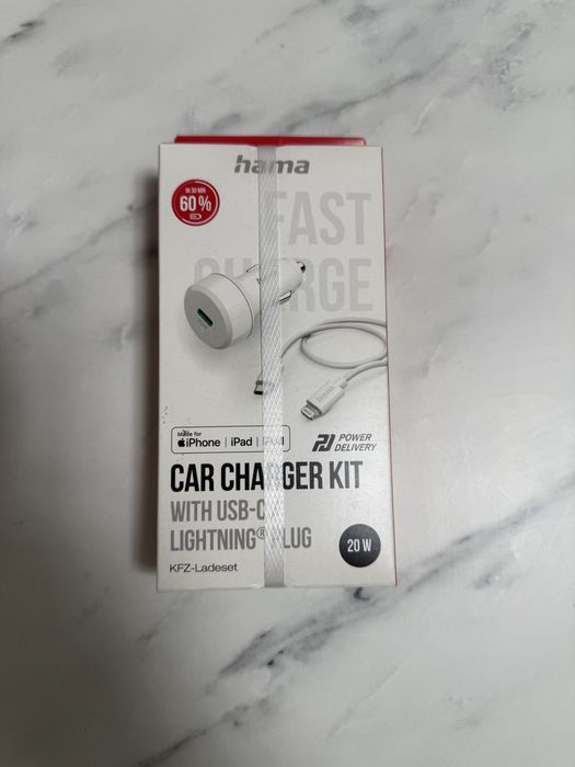 Încărcător auto  USB-C PD 20W + cablu Lightning – alb (nou)