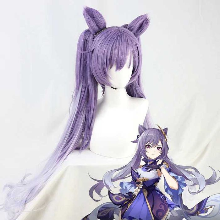 Аниме косплей лилава перука с две опашки Genshin Impact Keqing Cosplay