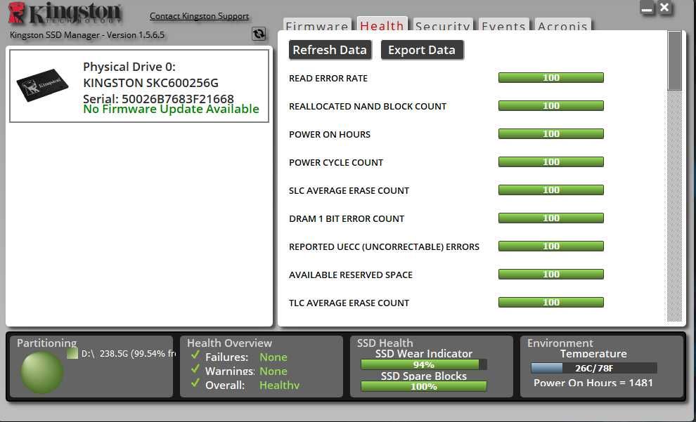 SSD Kingston KC600 256GB SATA III – 94% Health – Testat Complet – 100% Funcțional  Descriere