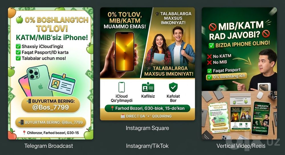 iPhone Nasiya 0% Oldindan MIB KATM'siz Student va Boshqalarga