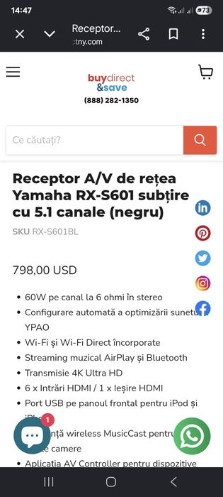 Receiver Yamaha RX S601D, bluetooth, usb, wifi, musiccast, hdmi, dab+