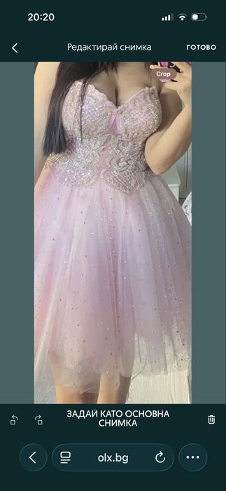 Бална рокля в бебешко розов цвят с кристали.