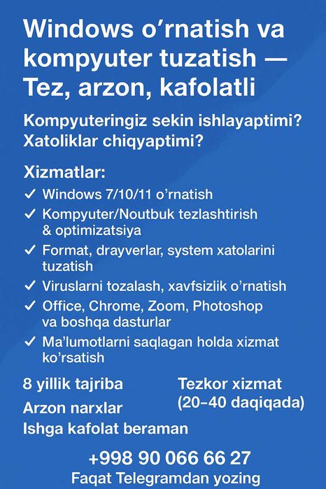 Windows o‘rnatish va kompyuter tuzatish — Tez, sifatli, kafolatli