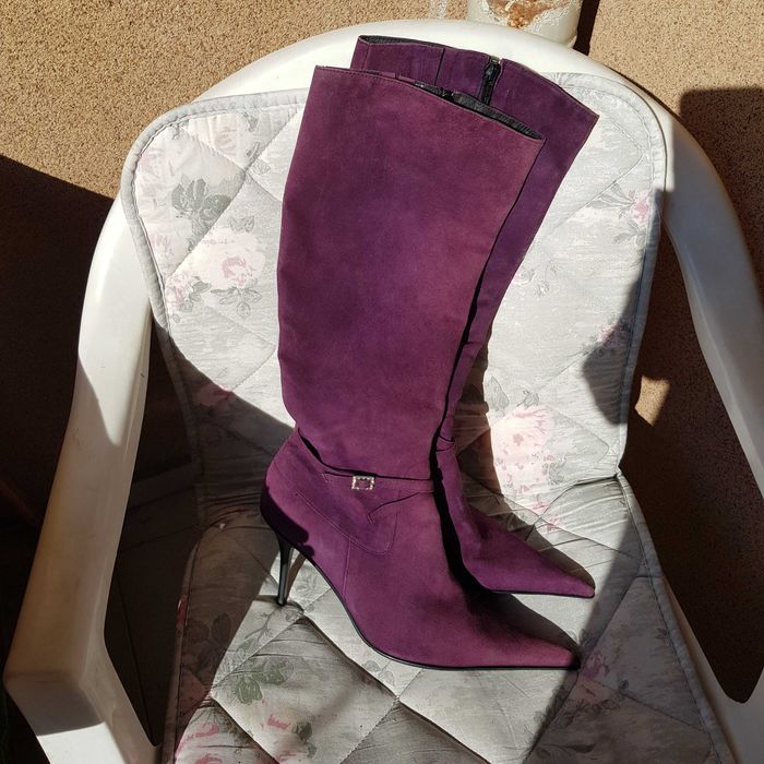 Елегантни високи ботуши, размер 40, лилав естествен велур , нови