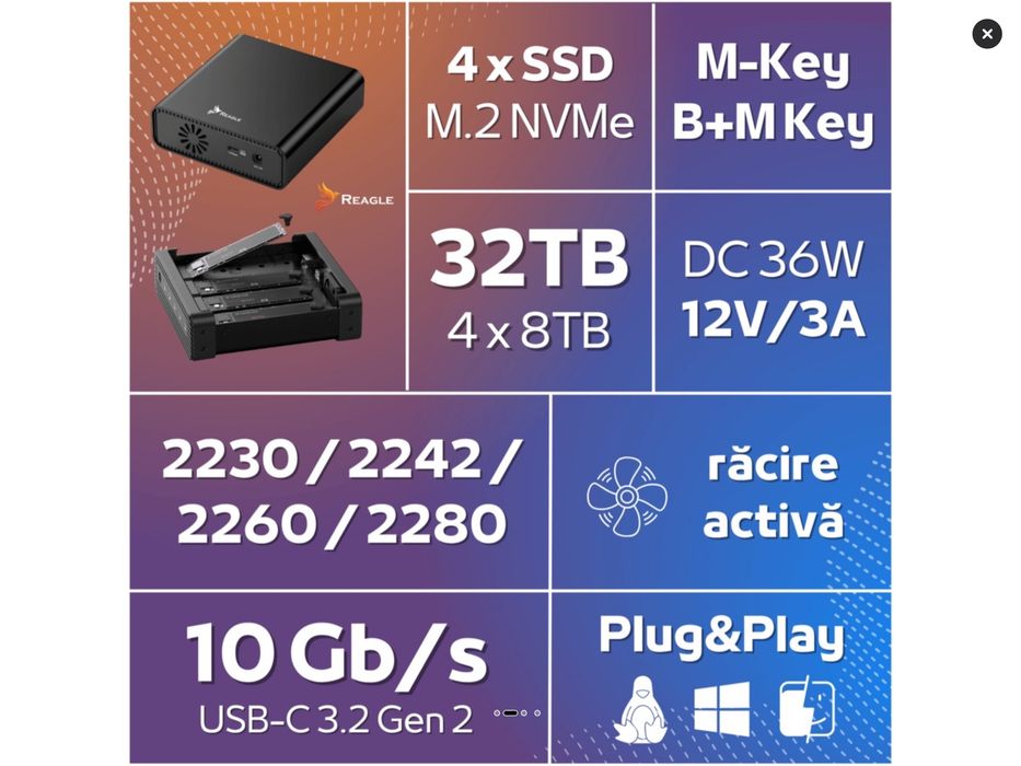 Rack Extern Reagle 4-bay m.2 nvme PCIe SSD Enclosure USB-c 3.2 Gen 2 10Gbps, max 32TB. - resigilat