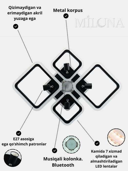 Lyustra LED musiqali, pultli, uy,zal,bolalar xonasi ofis uchun qandil.