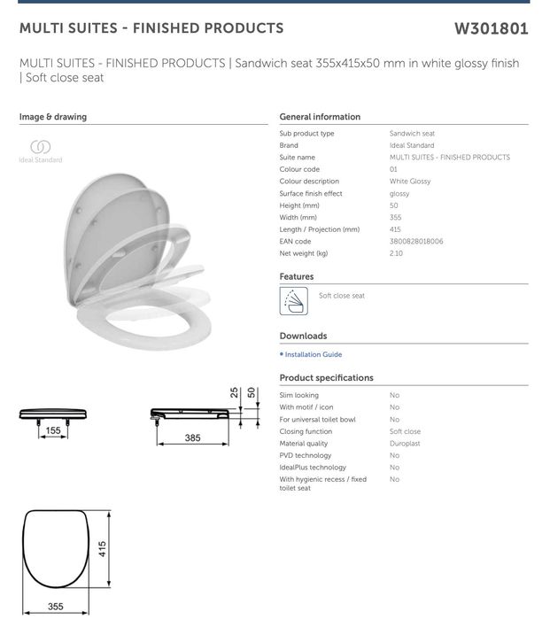 Vand capac slim softclose toaleta / WC NOU Ideal Standard Eurovit alb ( W301801 )