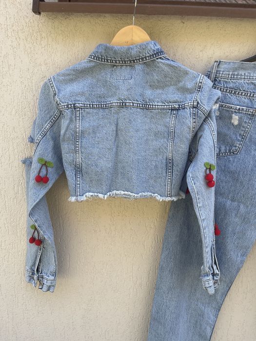 Set Denim - Jachetă scurtă + Blugi cu cireșe 3D