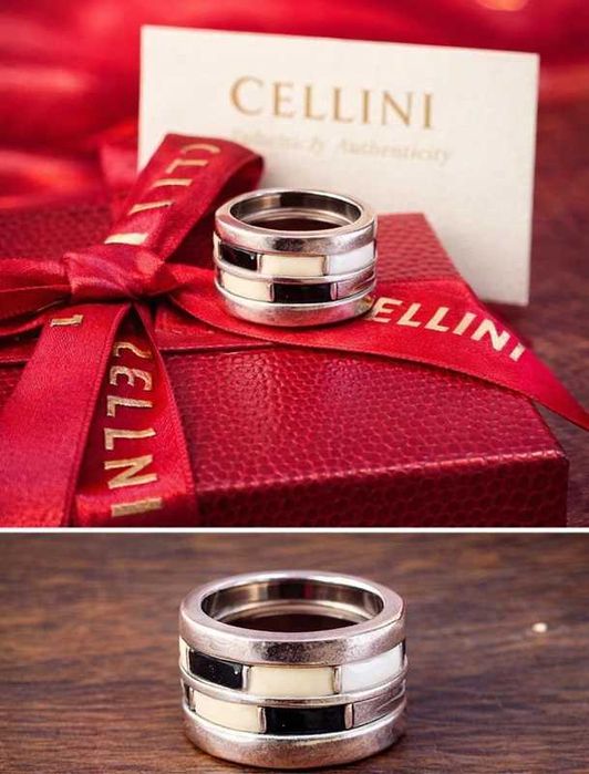 Inel din argint cu email alb și negru