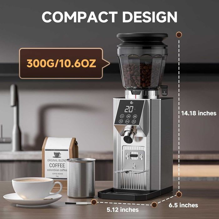 Râșniță Cafea AMZCHEF Inox, 45 Trepte Măcinare, Ecran LED Touch