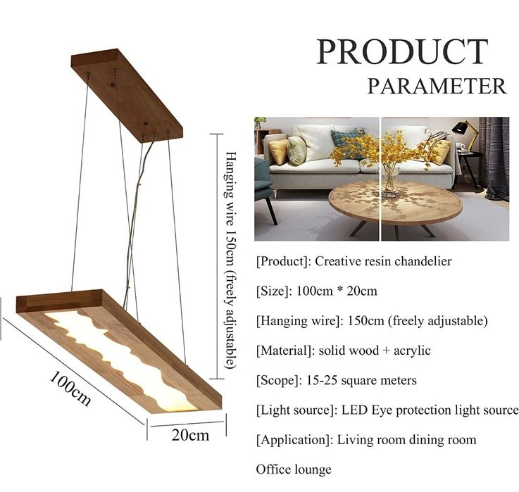 Висяща Лед лампа 100 см дърво и епоксидна смола трапезария, остров.