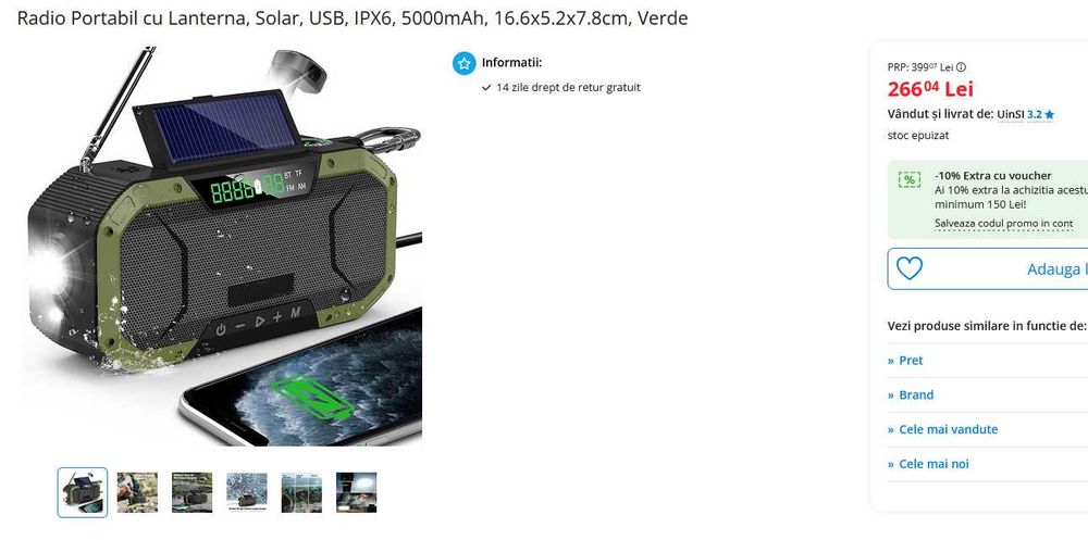 NOU Radio Portabil cu Lanterna, Solar, USB, IPX6, 4000mAh