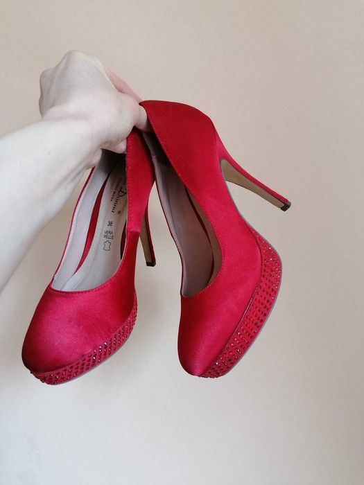 Pantofi din satin cu toc, dama, rosii, marimea 38