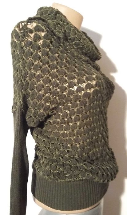 Pulovar kaki deosebit impletit gaurele crosetat guler mare tricot