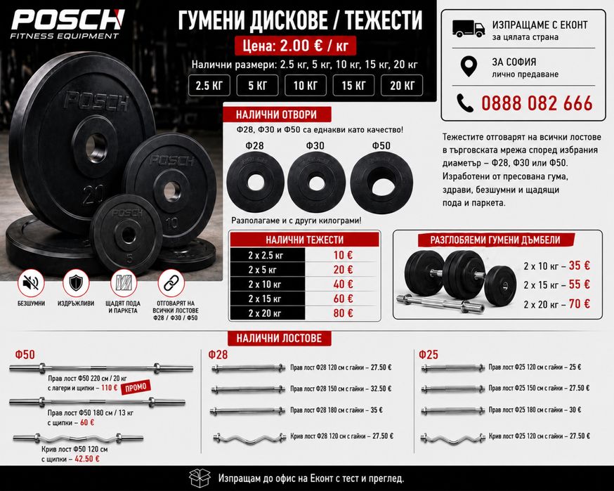 Гумени тежести дискове 2.5,5,10,15,20 кг ф28 ф30 ф50
