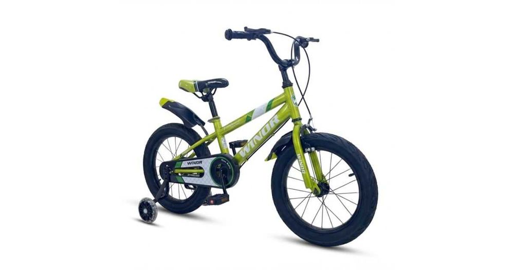 Bicicletă pentru copii WindR cu coș și roți ajutătoare 16" - Verde