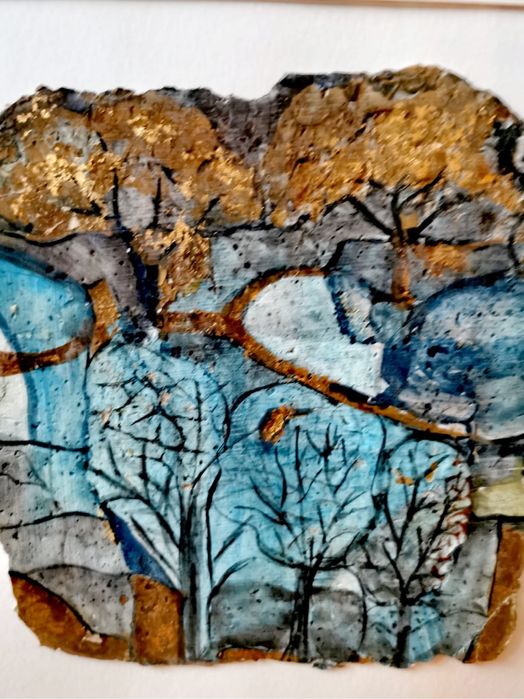 Антикварна картина на жена в бална синя рокля с ветрило в рамка стъкло