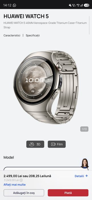 Huawei watch 5 titan 46 mm, noi, sigilat