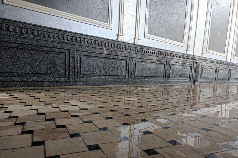 Темно-серый гранит с насыщенной мелкозернистой текстурой. Поверхность