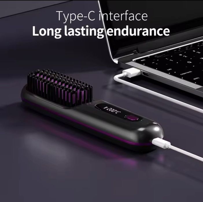 Гребен за изправяне на коса, брада, LCD дисплей, USB зареждане