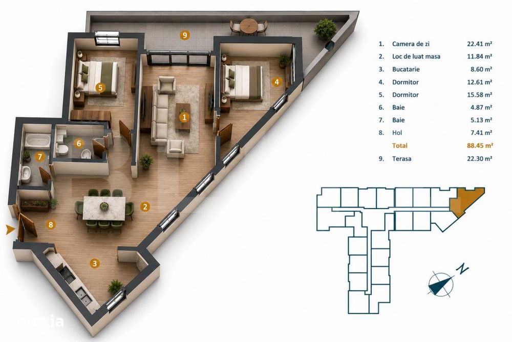 Apartament 3 camere, 88,2 mp, bloc nou cu CF, terasa, Intre Lacuri — fotografia 1