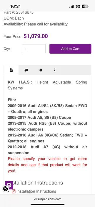 Регулируемо окачване за Ауди Audi A6 C7 4G