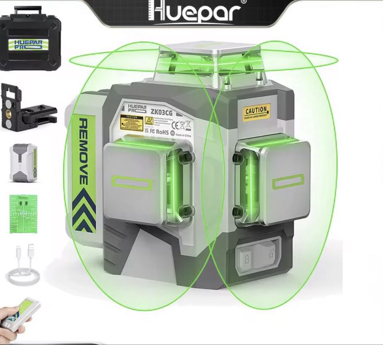 Huepar ZK03CG-L.Лазерен нивелир 3 D с батерия 8000 mah.Работа до 10 ч.Зелени линии.Професионален!
