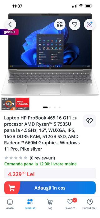 Laptop HP ProBook 465 16 G11 cu procesor AMD Ryzen 5, 512GB