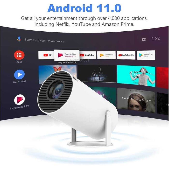 Преносим смарт видео проектор, 4K Ultra HD, 1280x720p WiFi, Bluetooth
