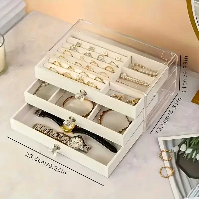 Голяма кожена кутия за бижута с много отделения черна - 7 вида