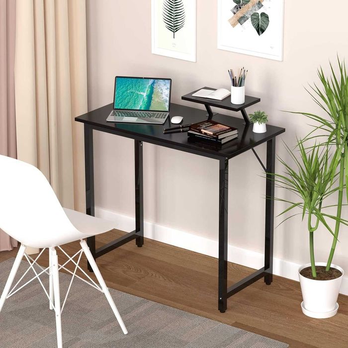 Бюро с подвижна стойка за монитор, черна офис маса, бюро за компютър