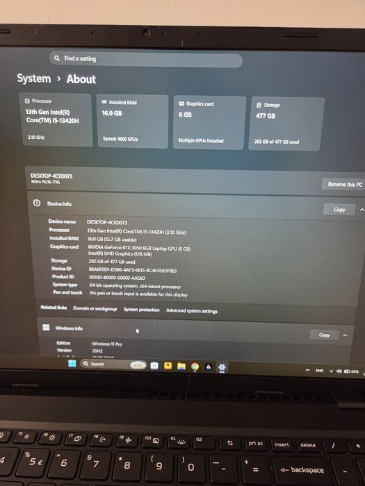Laptop Gaming Acer Nitro 16 GB Ram, RTX 3050, i5 13th Gen