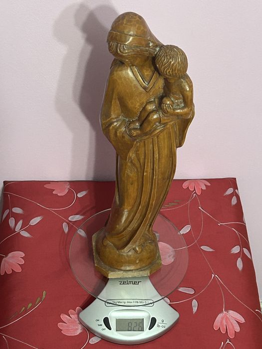 Statuetă vintage din lemn masiv – Maica Domnului cu Pruncul
