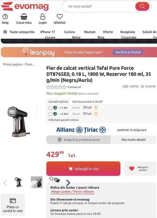 Aparat de calcat vertical TEFAL Pure Force DT8765E0, 1800W