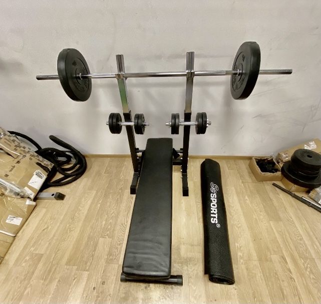 Set sala Banca piept+haltera gantere cu bari otel crom si piulite, noi