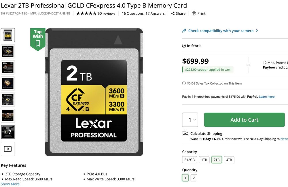 Флэшка Lexar 2TB Professional GOLD CFexpress 4.0 Type B