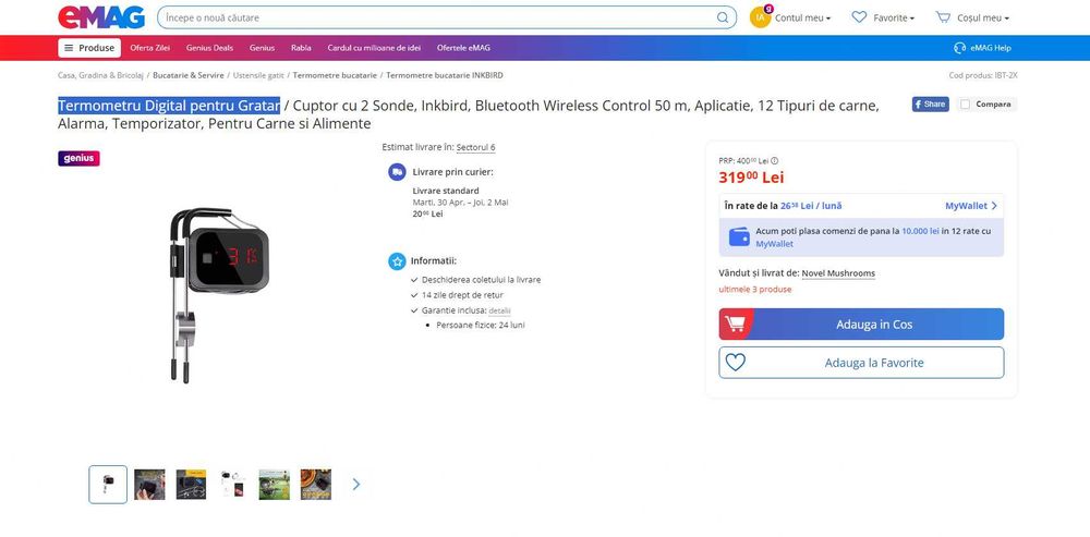 Termometru SMART Gratar/Cupt, 2 sond, Blueth+APP, REDUS de la 320RON